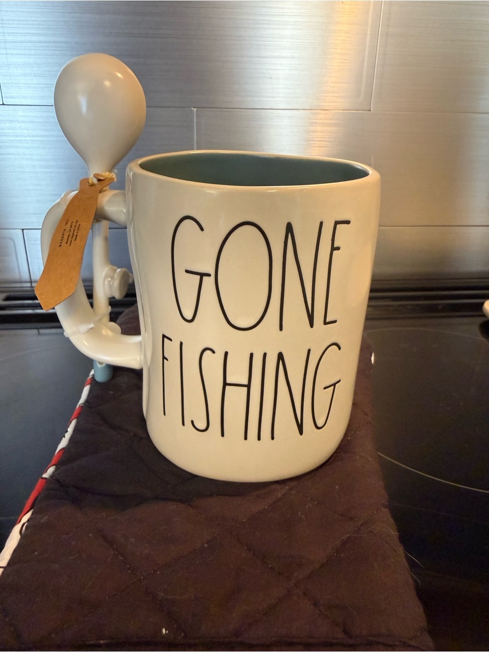 Rae Dunn “Gone fishing” double sided mug w/ ceramic spoon.